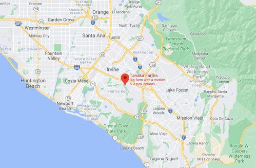 Map showing Tanaka Farms, a large farm with a market and truck options, located in Orange County, California.