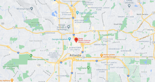Map of Atlanta highlighting the location of Swavy, a modern American restaurant.
