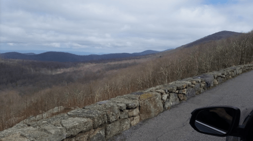 Scenic view of rolling hills and bare trees from a roadside overlook under a cloudy sky.