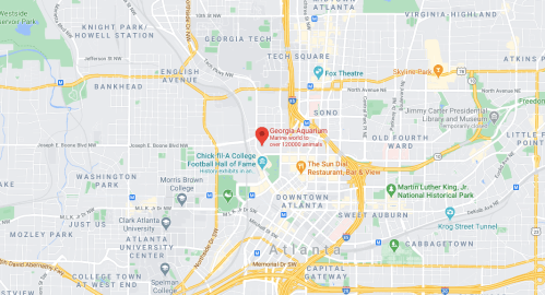 Map of downtown Atlanta highlighting the Georgia-Auburn area and nearby landmarks, including the College Football Hall of Fame.