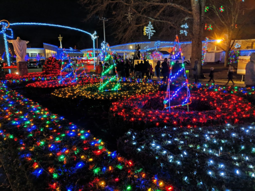 Colorful holiday lights illuminate a garden at night, with people enjoying the festive display.