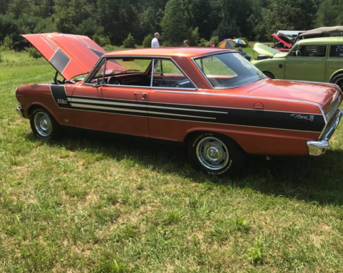 A classic orange car with white stripes parked on grass, hood open, surrounded by trees and other vehicles in the background.