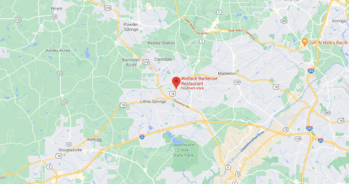 Map showing the location of Wallace Barbecue Restaurant in southern Georgia, near Lithia Springs and major highways.
