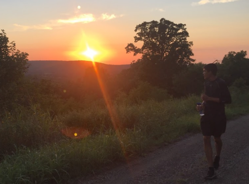 A person walks along a gravel path at sunset, with a bright sun and trees silhouetted against the colorful sky.