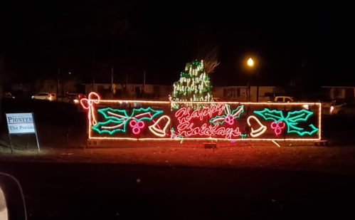 Colorful holiday lights display featuring a decorated tree and festive decorations, set against a night sky.