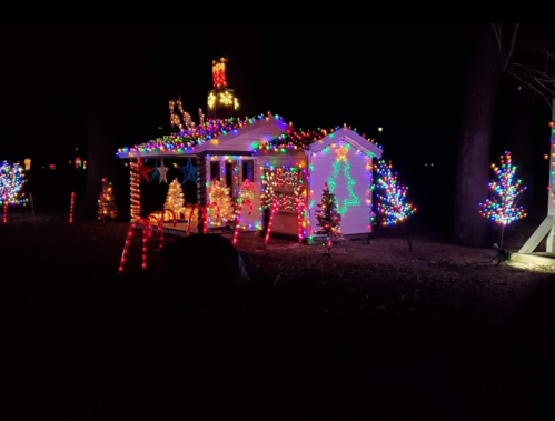 A cozy house decorated with colorful Christmas lights, surrounded by illuminated trees in a festive nighttime setting.