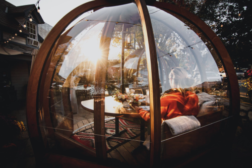 A cozy glass dome with a person inside, enjoying a sunset view, surrounded by warm decor and nature.
