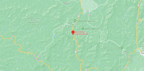 Map showing the location of Byron Reece Trailhead parking near Vogel State Park and Helton Creek Falls.