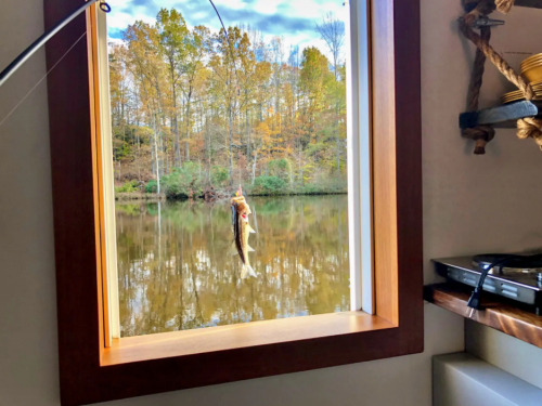 A fish hangs from a fishing line outside a window, with autumn trees reflected in the calm water.