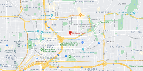 Map showing the location of Big Escape Rooms in Atlanta, Georgia, near major roads and landmarks.