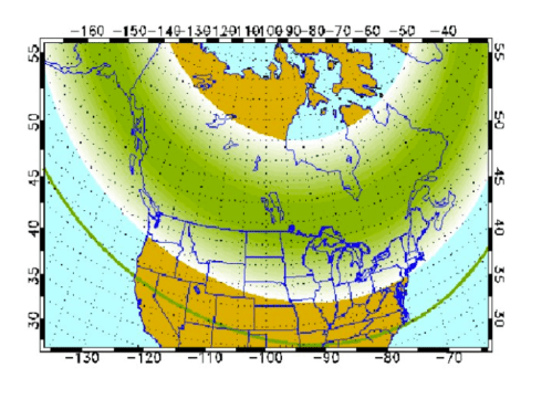 Map showing North America with shaded regions indicating different latitudes and longitudes.