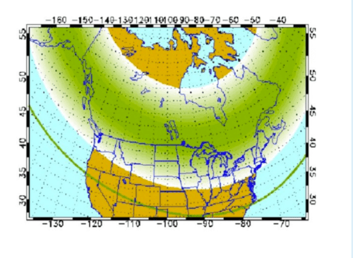 Map showing North America with color-coded regions, indicating different climatic or geographical zones.