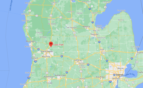 Map showing Luton Park in Michigan, highlighted in red, with surrounding cities and highways marked.