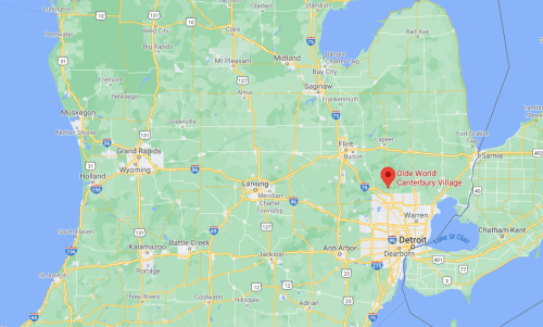 Map of Michigan highlighting the location of Olde World Canterbury Village near Detroit.