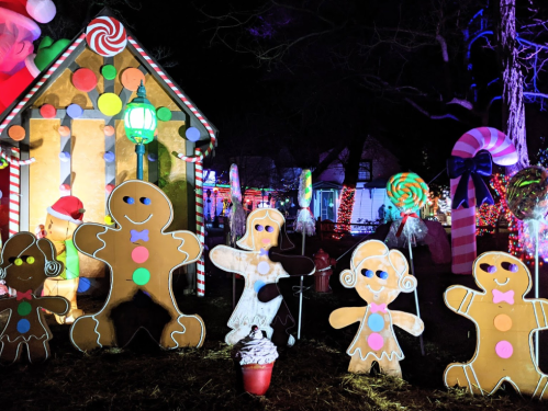 Colorful gingerbread decorations and candy canes in a festive nighttime display.