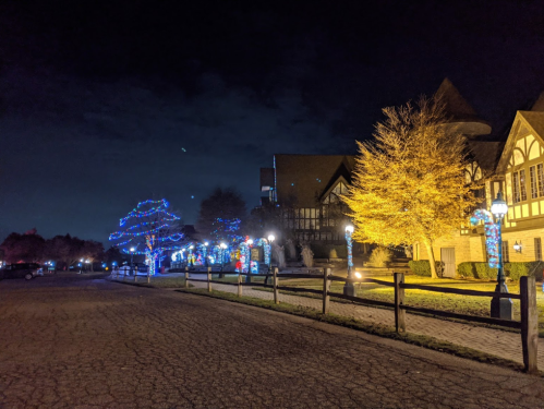 A nighttime scene of a building and trees adorned with colorful lights, with a dark sky and a paved path in the foreground.