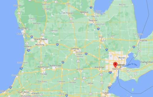 Map of Michigan highlighting Detroit and surrounding areas, including major cities and highways.