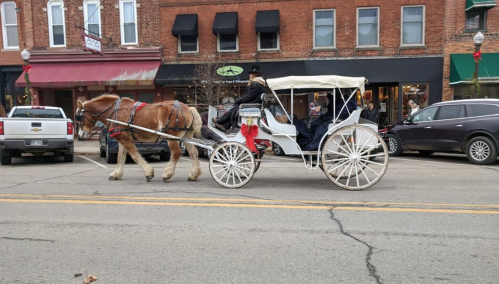 A white horse-drawn carriage with passengers rides down a street lined with brick buildings and holiday decorations.