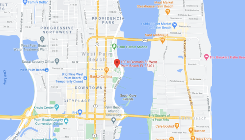 Map showing the location of 10 N Clematis St, West Palm Beach, FL 33401, near the waterfront and local landmarks.