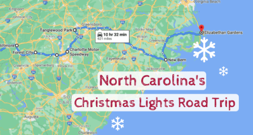 Map showing a route for North Carolina's Christmas Lights Road Trip, highlighting Elizabethan Gardens and nearby locations.