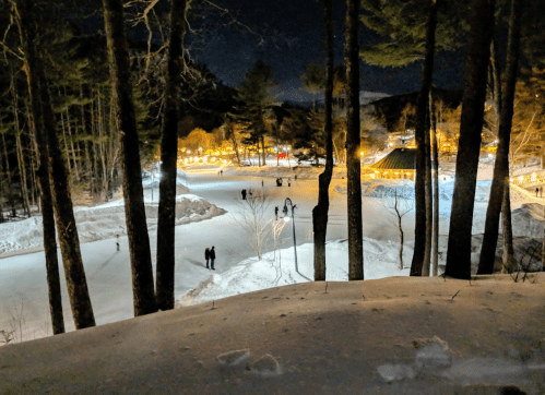 A snowy outdoor ice skating rink at night, surrounded by trees and festive lights, with skaters enjoying the scene.