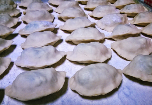 A close-up of uncooked dumplings arranged neatly on a floured surface.