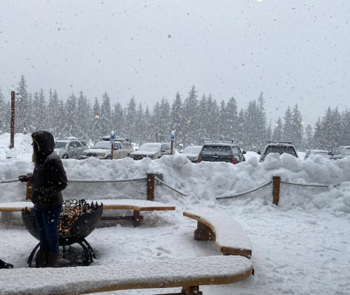 A snowy scene with heavy snowfall, parked cars, and a person standing near a fire pit in a winter landscape.
