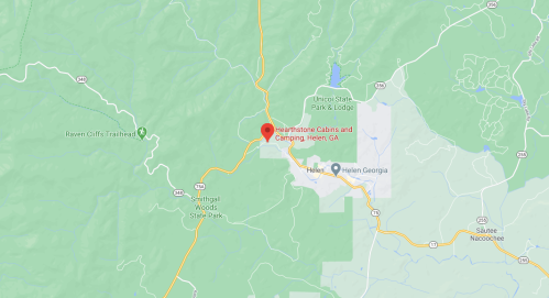 Map showing the location of Hearthstone Cabins and Camping near Helen, GA, with surrounding parks and trails.