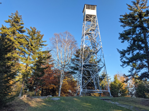 A tall metal fire tower surrounded by trees, with clear blue skies above and autumn foliage in the background.