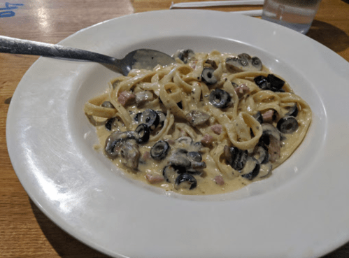 A plate of fettuccine pasta with black olives and ham in a creamy sauce, served with a spoon.