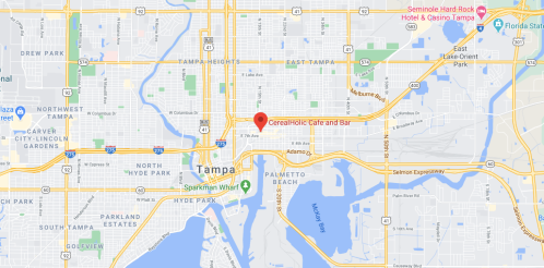 Map showing the location of CerealHolics Café and Bar in Tampa, Florida, near major roads and landmarks.