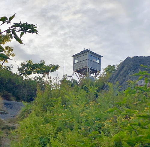 A wooden lookout tower perched on a rocky hill, surrounded by greenery under a cloudy sky.