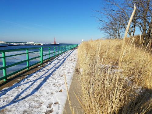 A snowy path along a waterfront with a green railing, tall grass, and a lighthouse in the distance under a clear blue sky.
