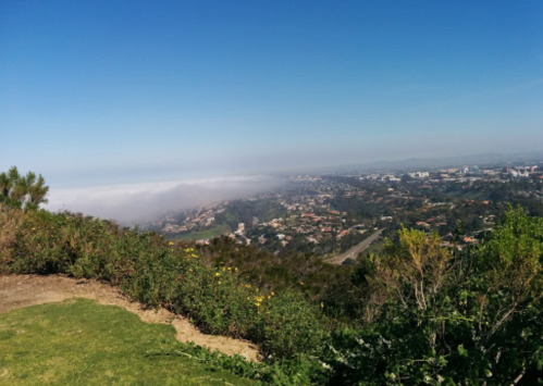 A scenic view from a hilltop overlooking a valley shrouded in fog, with a clear blue sky above.