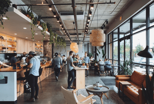 A modern café interior with plants, a wooden bar, and patrons enjoying coffee in a bright, open space.