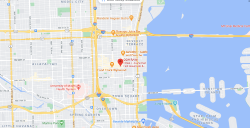 Map showing the area around Town Square in Miami, highlighting locations like food spots and nearby landmarks.