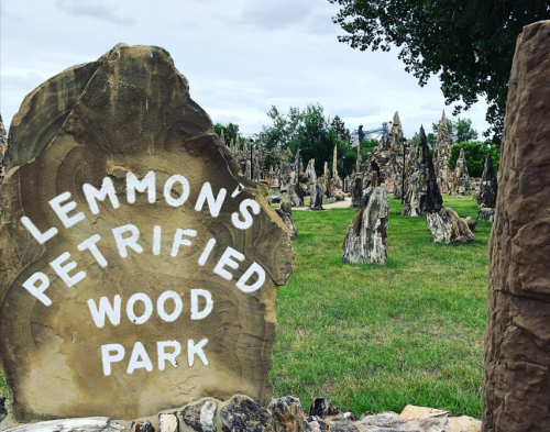 Sign for Lemmon's Petrified Wood Park, surrounded by unique stone formations and greenery under a cloudy sky.