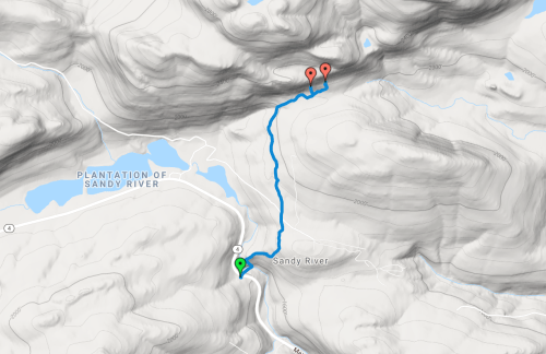 Map showing a route along Sandy River with elevation contours and marked locations.