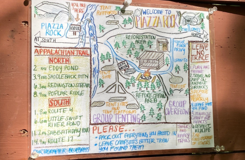 Colorful map of Piazzarock area, showing trails, campsites, and guidelines for group camping and Leave No Trace principles.