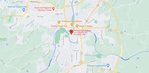Map showing Honeymoon Bakery location in Rome, Georgia, near Redmond Regional Medical Center and Walmart Supercenter.
