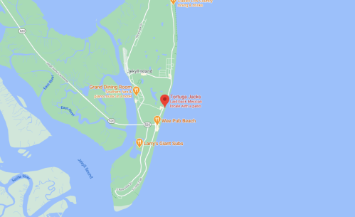 Map of Jekyll Island, highlighting Tortuga Jacks and nearby landmarks along the coast.
