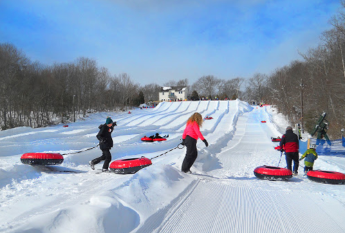 People pulling red snow tubes up a snowy hill on a sunny day, with trees and a building in the background.
