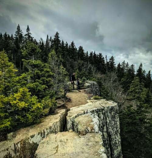 Two hikers stand on a rocky ledge surrounded by dense evergreen trees under a cloudy sky.