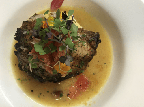 A beautifully plated dish featuring a seasoned meat patty topped with fresh herbs, diced tomatoes, and a flavorful sauce.
