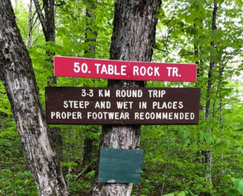 Trail sign for Table Rock Trail, indicating a 3.3 km round trip with steep, wet areas; proper footwear recommended.