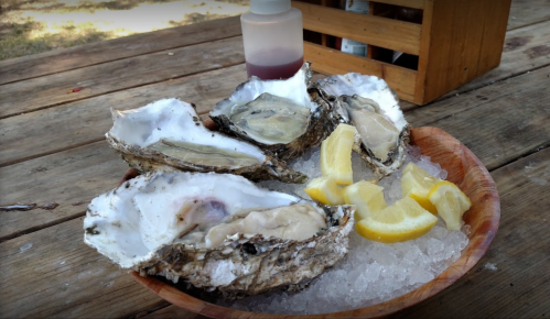 A wooden bowl of fresh oysters on ice, garnished with lemon slices, next to a bottle of sauce on a wooden table.