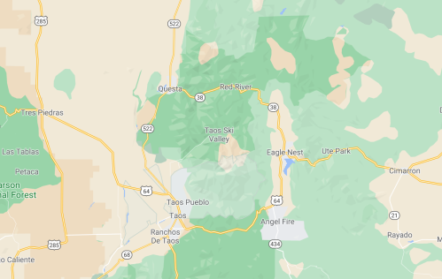 Map of Taos Ski Valley, New Mexico, showing surrounding areas, roads, and natural features.