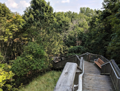 A wooden observation deck surrounded by lush green trees and a bench overlooking a natural landscape.