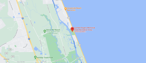 Map showing Gamble Rogers Memorial State Recreation Area near the ocean, with nearby landmarks and roads labeled.