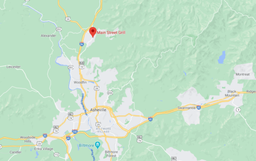 Map showing the location of Main Street Grill near Asheville, North Carolina, with surrounding roads and landmarks.